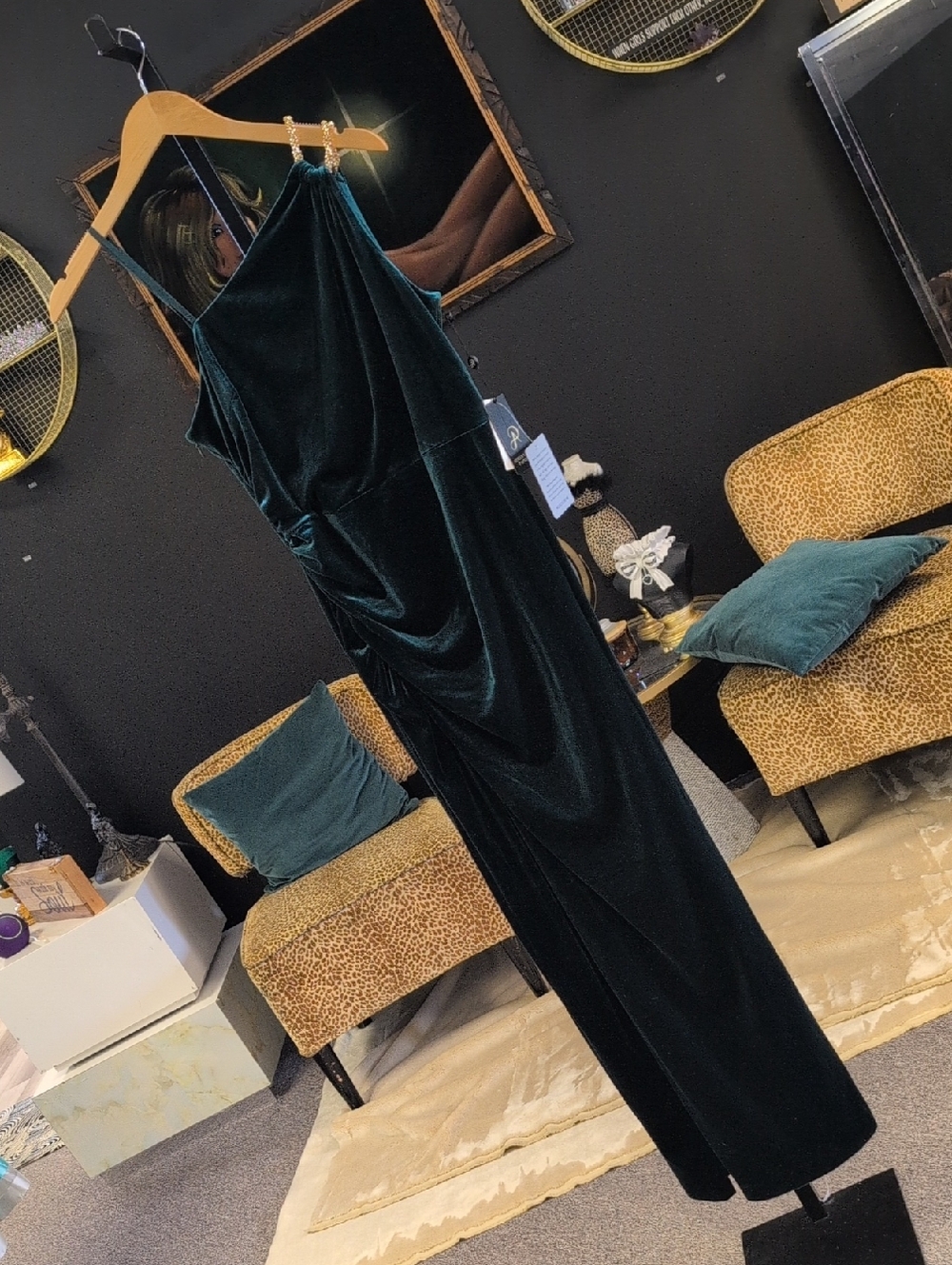 Adrianna Papell Dark Green Velvet Maxi Slip Dress